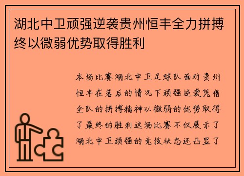 湖北中卫顽强逆袭贵州恒丰全力拼搏终以微弱优势取得胜利