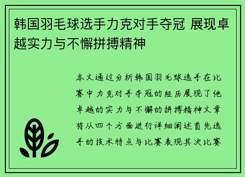 韩国羽毛球选手力克对手夺冠 展现卓越实力与不懈拼搏精神