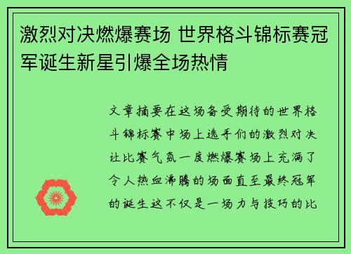激烈对决燃爆赛场 世界格斗锦标赛冠军诞生新星引爆全场热情